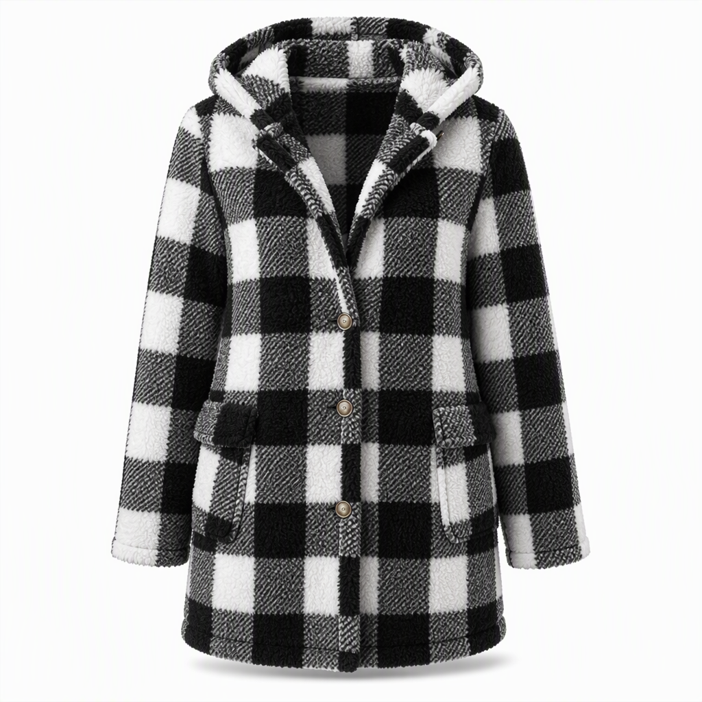 Manteau à capuche en fausse fourrure tissée à carreaux à manches longues pour femme