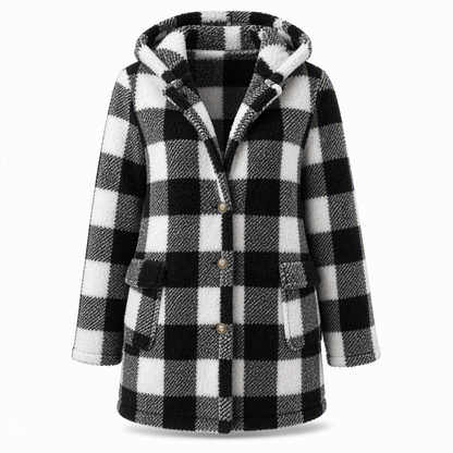 Manteau à capuche en fausse fourrure tissée à carreaux à manches longues pour femme