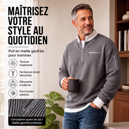 🧶 Sweatshirt décontracté pour homme en tissu nid d'abeille, avec zip au quart ✨