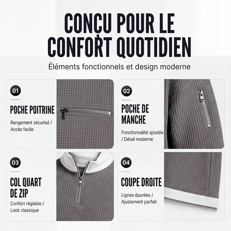 🧶 Sweatshirt décontracté pour homme en tissu nid d'abeille, avec zip au quart ✨