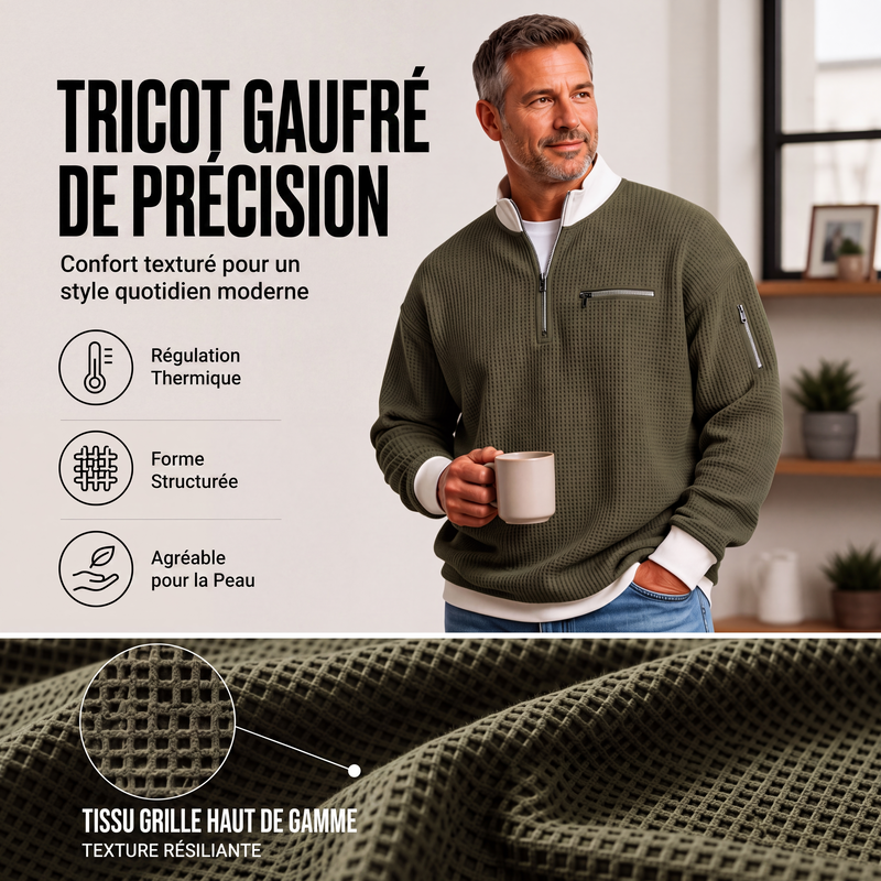 🧶 Sweatshirt décontracté pour homme en tissu nid d'abeille, avec zip au quart ✨