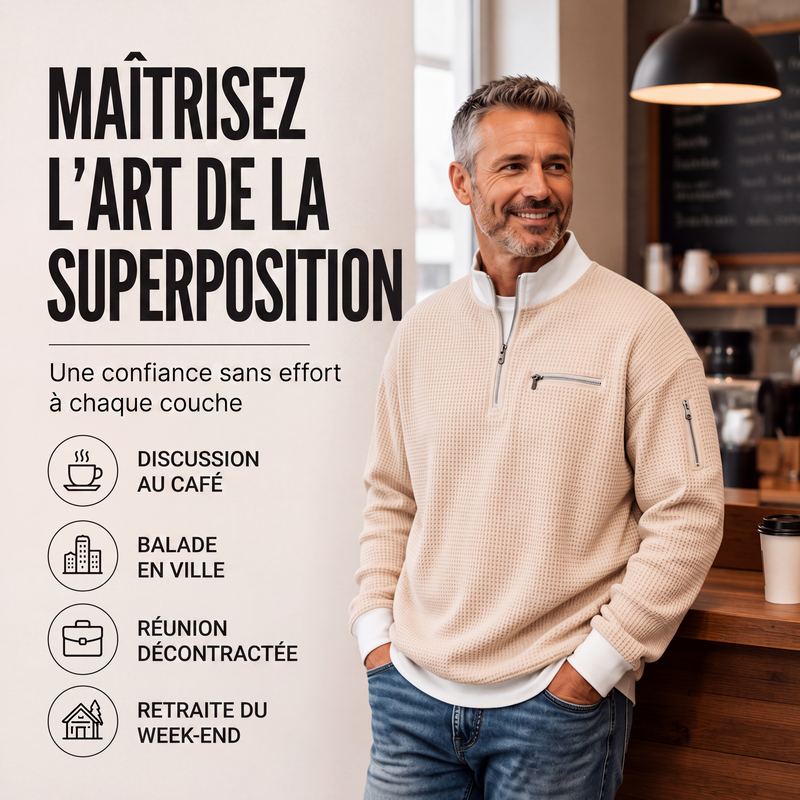 🧶 Sweatshirt décontracté pour homme en tissu nid d'abeille, avec zip au quart ✨