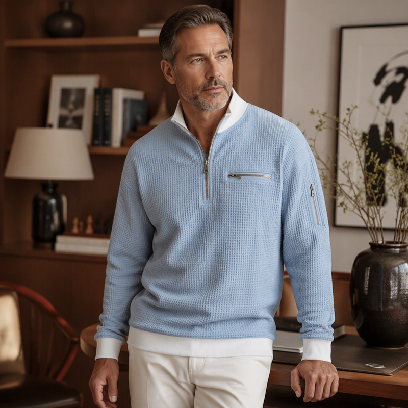 🧶 Sweatshirt décontracté pour homme en tissu nid d'abeille, avec zip au quart ✨