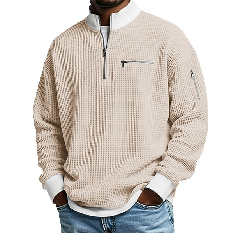 🧶 Sweatshirt décontracté pour homme en tissu nid d'abeille, avec zip au quart ✨