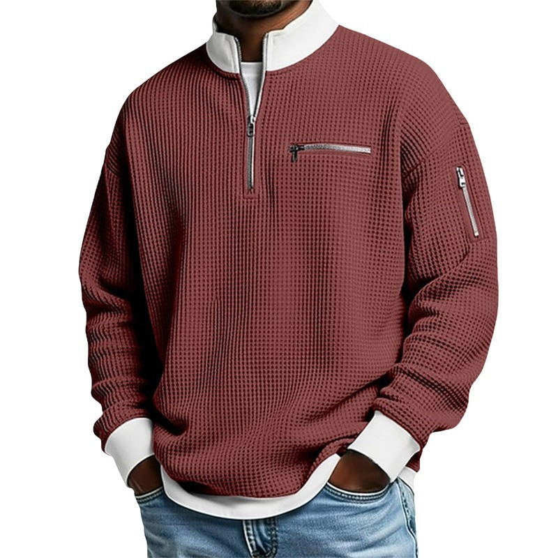 🧶 Sweatshirt décontracté pour homme en tissu nid d'abeille, avec zip au quart ✨