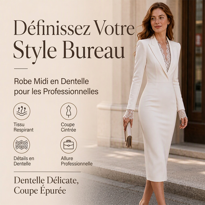 Robe moulante à manches longues pour femme avec col revers et incrustations de dentelle