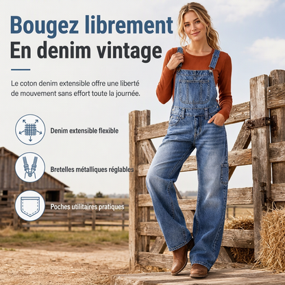 Salopette en denim extensible pour femme, pantalon à jambes larges avec bretelles réglables