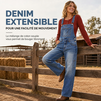 Salopette en denim extensible pour femme, pantalon à jambes larges avec bretelles réglables