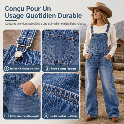 Salopette en denim extensible pour femme, pantalon à jambes larges avec bretelles réglables