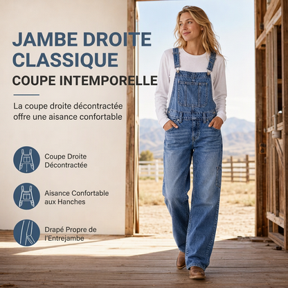 Salopette en denim extensible pour femme, pantalon à jambes larges avec bretelles réglables