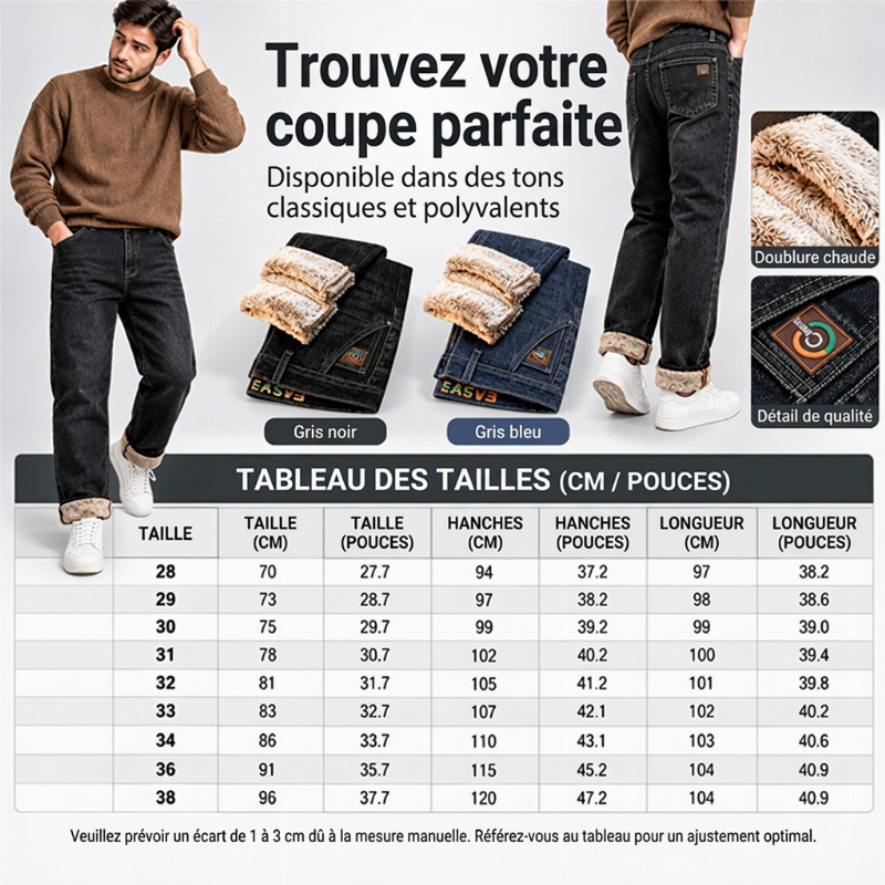 Jeans stretch pour hommes avec doublure en peluche épaisse