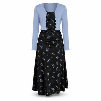 Ensemble 2 pièces pour femmes : robe à bretelles florale vintage et cardigan court en maille côtelée
