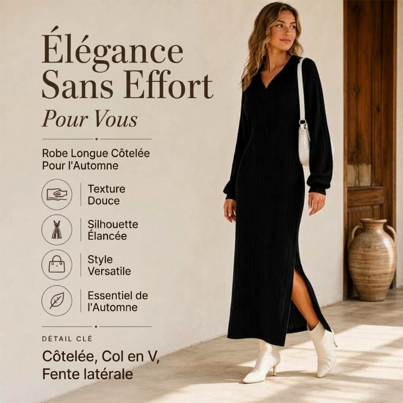 Robe longue pour femme en maille côtelée avec col et fente