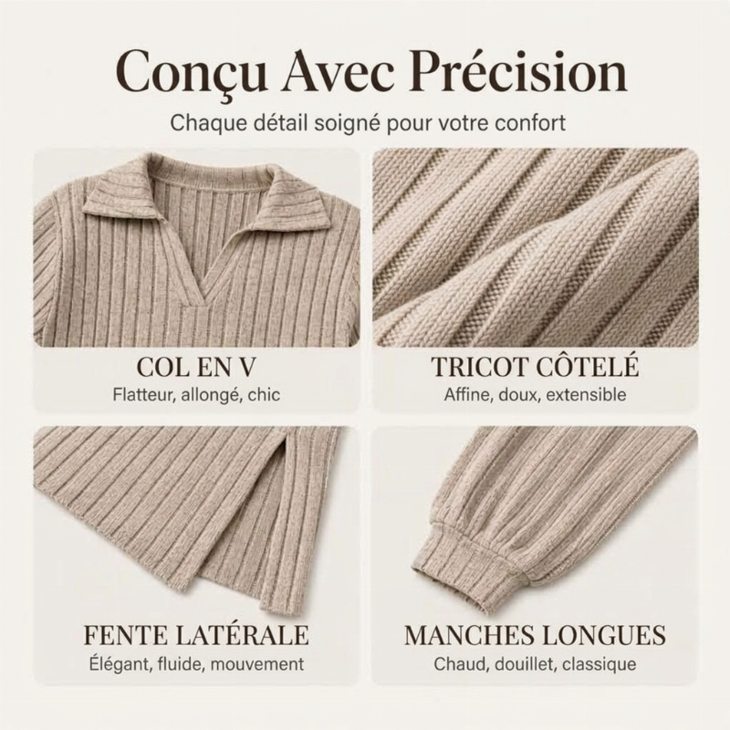 Robe longue pour femme en maille côtelée avec col et fente
