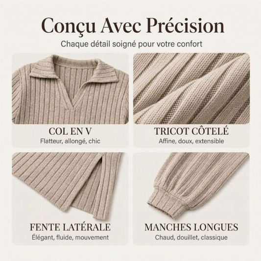 Robe longue pour femme en maille côtelée avec col et fente