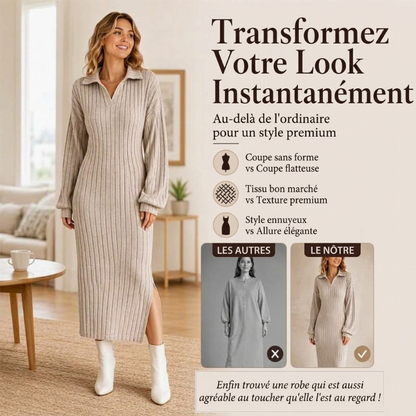 Robe longue pour femme en maille côtelée avec col et fente