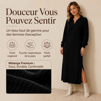 Robe longue pour femme en maille côtelée avec col et fente