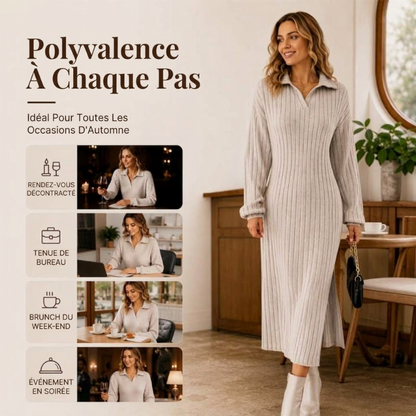 Robe longue pour femme en maille côtelée avec col et fente
