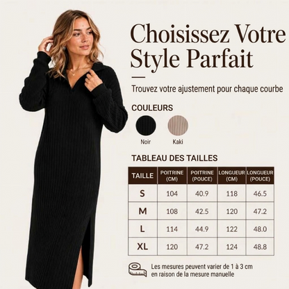 Robe longue pour femme en maille côtelée avec col et fente