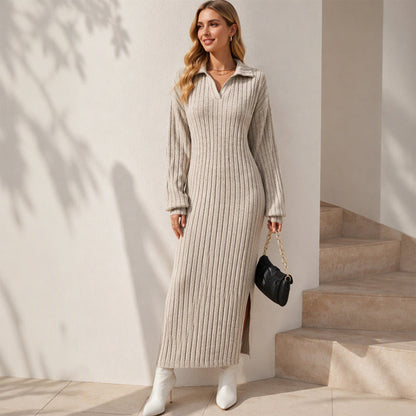 Robe longue pour femme en maille côtelée avec col et fente
