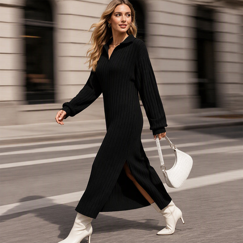 Robe longue pour femme en maille côtelée avec col et fente