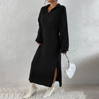 Robe longue pour femme en maille côtelée avec col et fente