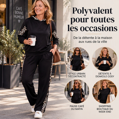 Ensemble féminin haut à imprimé léopard et pantalon droit taille haute