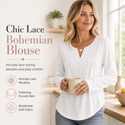 Blouse ample à manches longues et col V en dentelle bohème pour femme