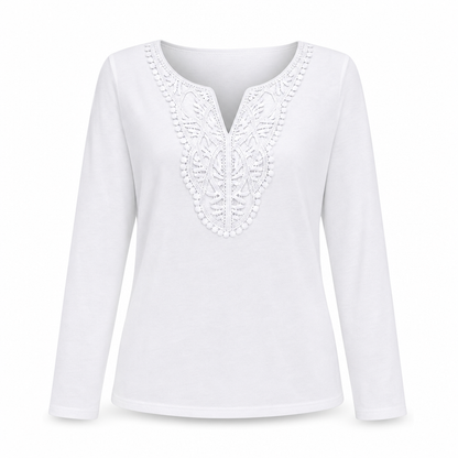 Blouse ample à manches longues et col V en dentelle bohème pour femme