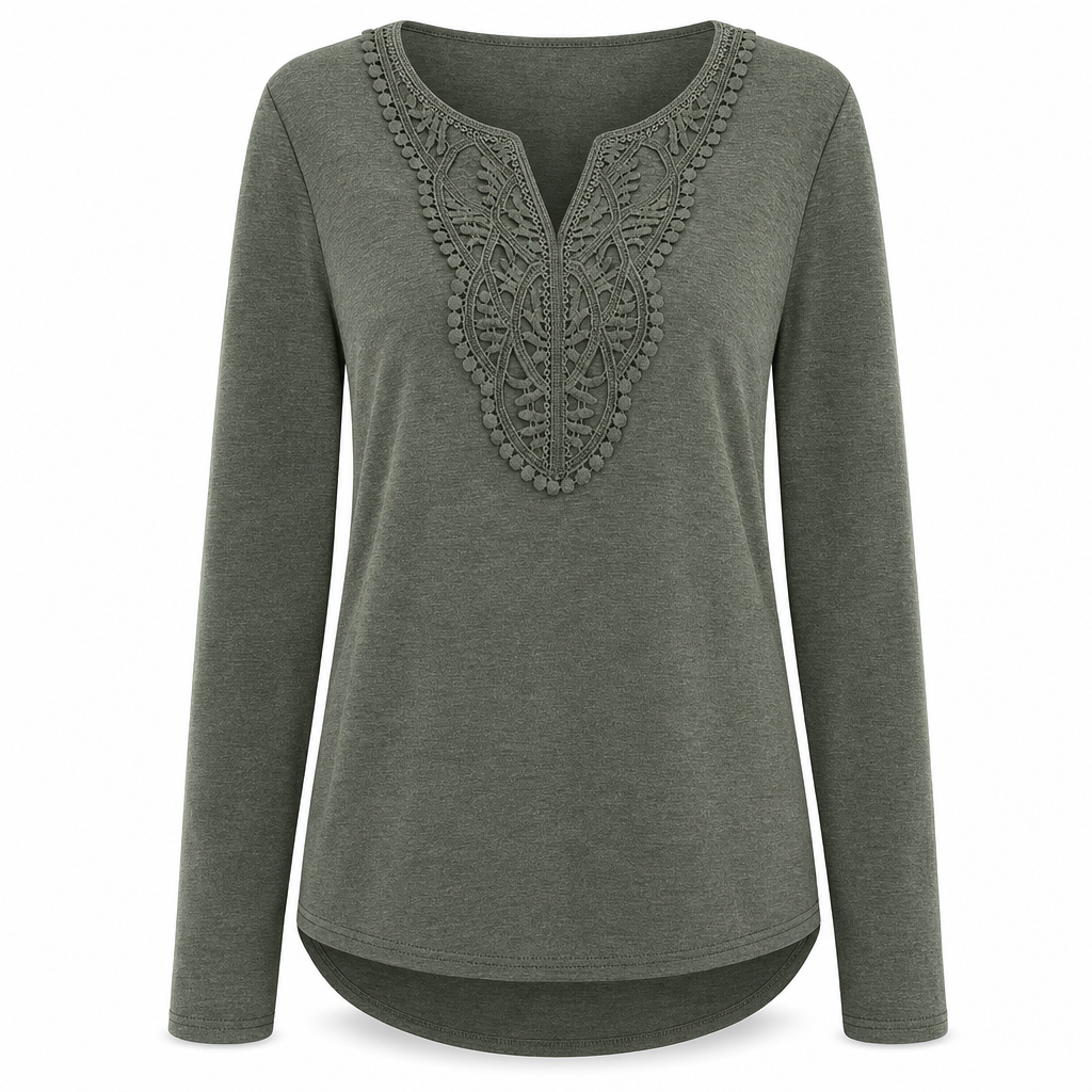 Blouse ample à manches longues et col V en dentelle bohème pour femme