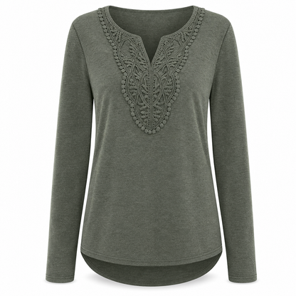 Blouse ample à manches longues et col V en dentelle bohème pour femme