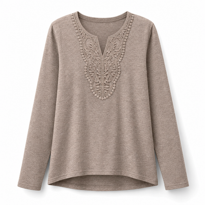 Blouse ample à manches longues et col V en dentelle bohème pour femme