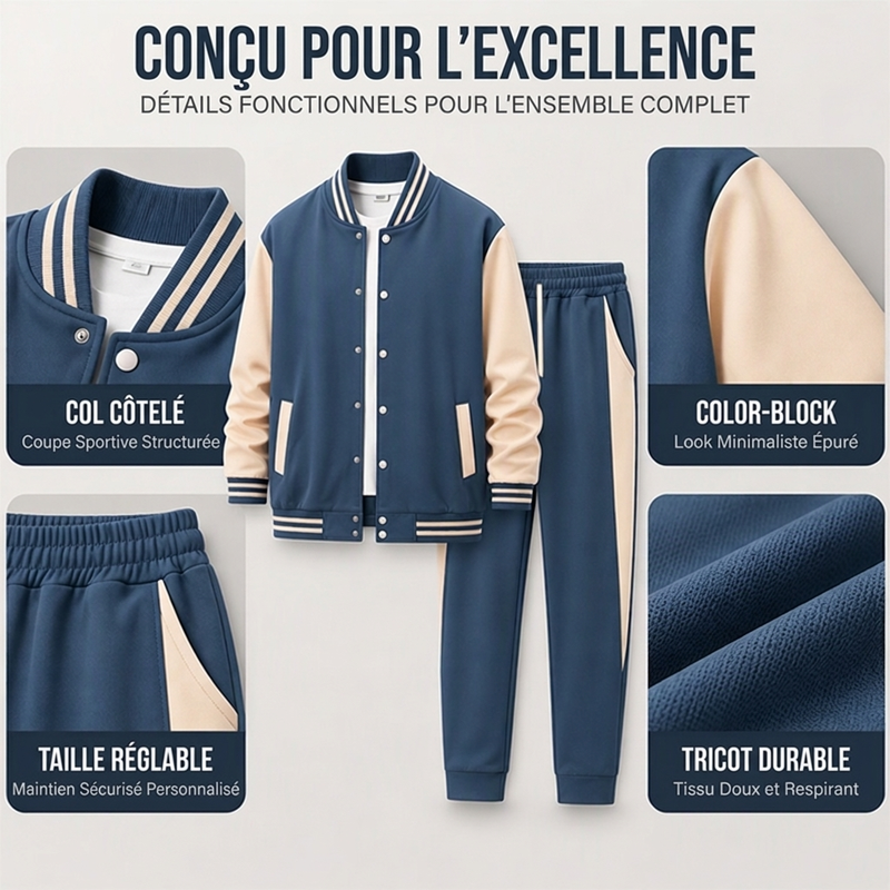 💖Soldes ! Prix cassés💖Ensemble veste de baseball et pantalon color-block pour homme
