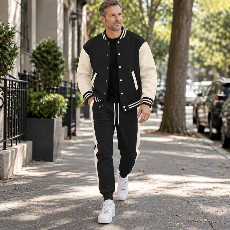 💖Soldes ! Prix cassés💖Ensemble veste de baseball et pantalon color-block pour homme