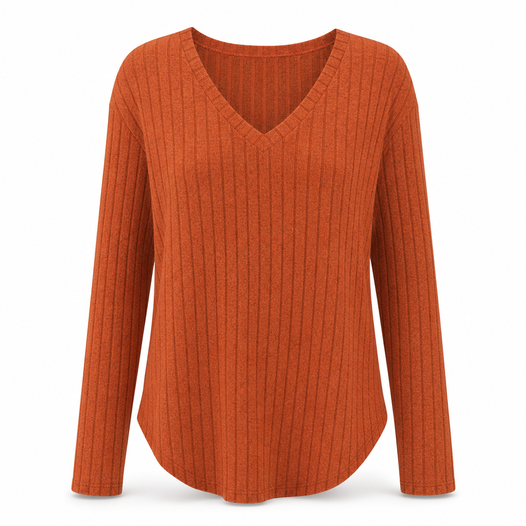 T-shirt col V à manches longues en maille côtelée brossée pour femme grande taille, coupe ample, pull unicolore