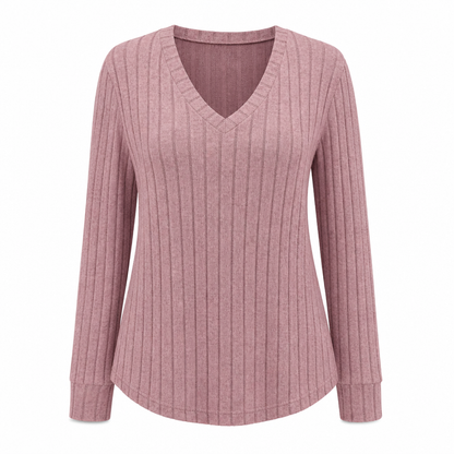 T-shirt col V à manches longues en maille côtelée brossée pour femme grande taille, coupe ample, pull unicolore