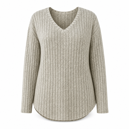 T-shirt col V à manches longues en maille côtelée brossée pour femme grande taille, coupe ample, pull unicolore
