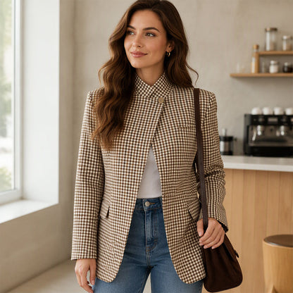 💖Soldes ! Prix cassés💖Veste femme chic à petit carreaux marron