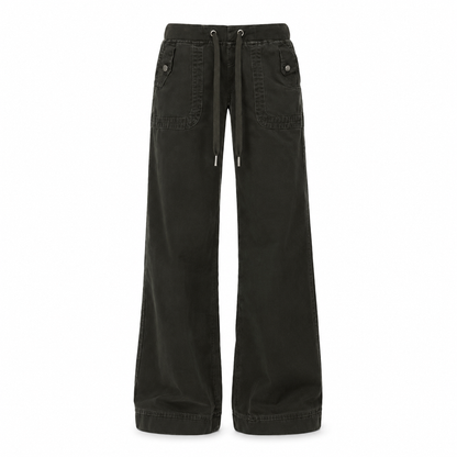 Jean American Vintage taille basse légèrement évasé, avec ceinture élastiquée à cordonnet et poches patteilleuses