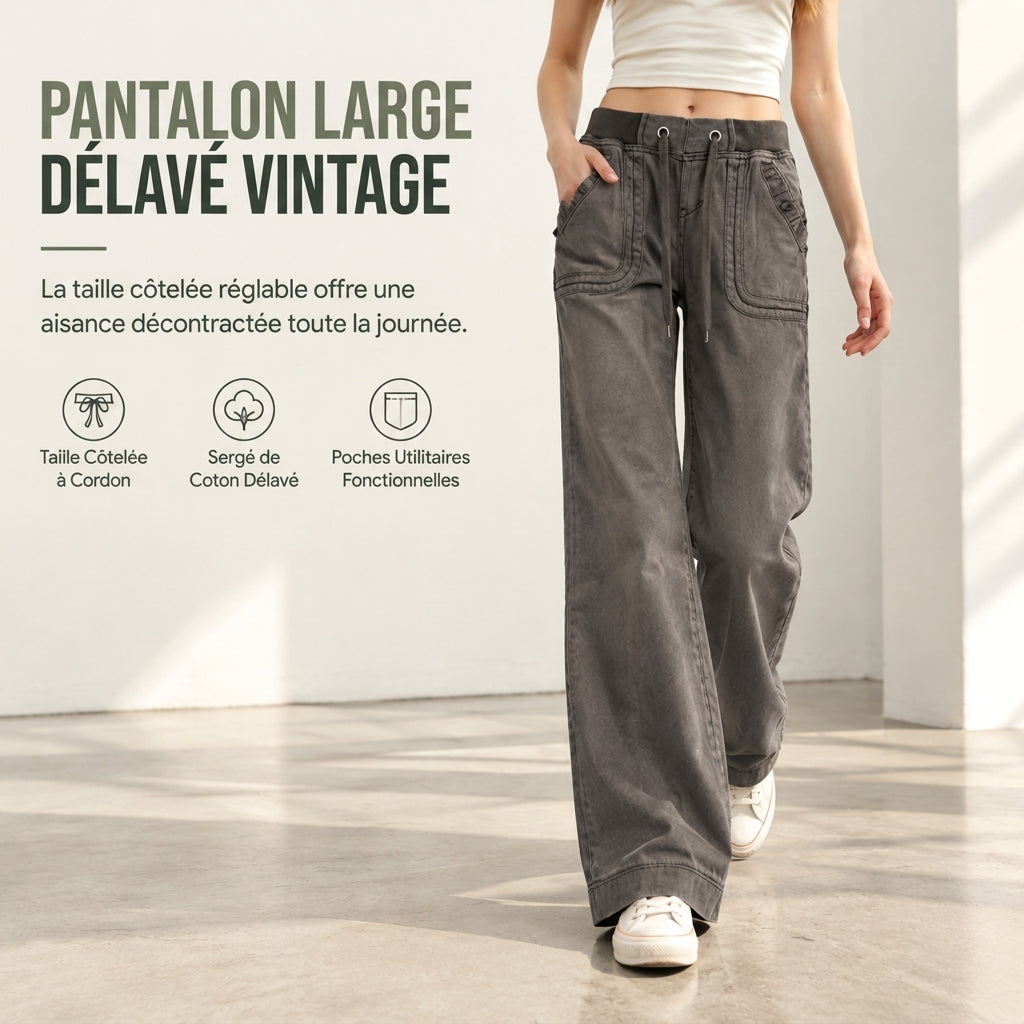 Jean American Vintage taille basse légèrement évasé, avec ceinture élastiquée à cordonnet et poches patteilleuses