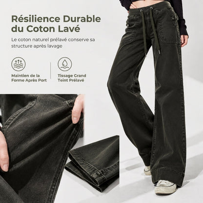 Jean American Vintage taille basse légèrement évasé, avec ceinture élastiquée à cordonnet et poches patteilleuses