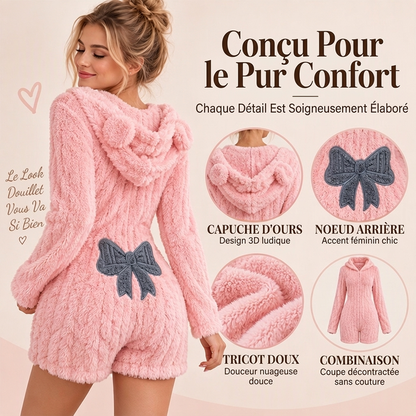 💖Soldes ! Prix cassés💖Barboteuse à capuche en peluche avec oreilles d'ours mignonnes pour femmes