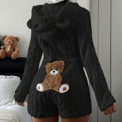 💖Soldes ! Prix cassés💖Barboteuse à capuche en peluche avec oreilles d'ours mignonnes pour femmes