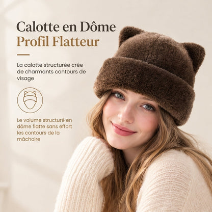 Bonnet d'hiver en fausse fourrure de vison pelucheuse pour femme avec oreilles d'ourson mignonnes - Bonnet chaud pour temps froid