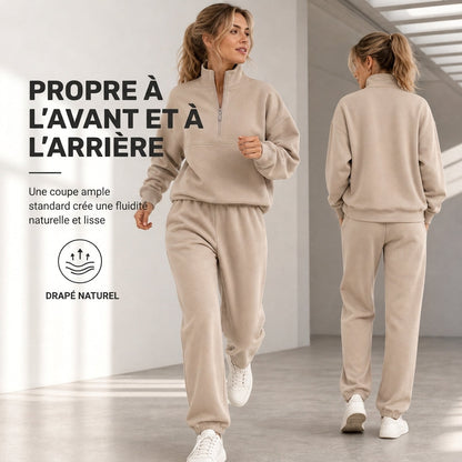 Ensemble pantalon deux pièces décontracté, couleur unie, haut à col rabattu zippé et pantalon long tenue pour l'automne et l'hiver