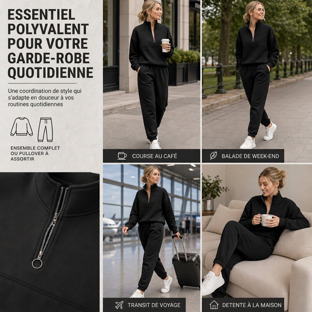 Ensemble pantalon deux pièces décontracté, couleur unie, haut à col rabattu zippé et pantalon long tenue pour l'automne et l'hiver
