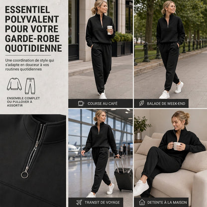 Ensemble pantalon deux pièces décontracté, couleur unie, haut à col rabattu zippé et pantalon long tenue pour l'automne et l'hiver
