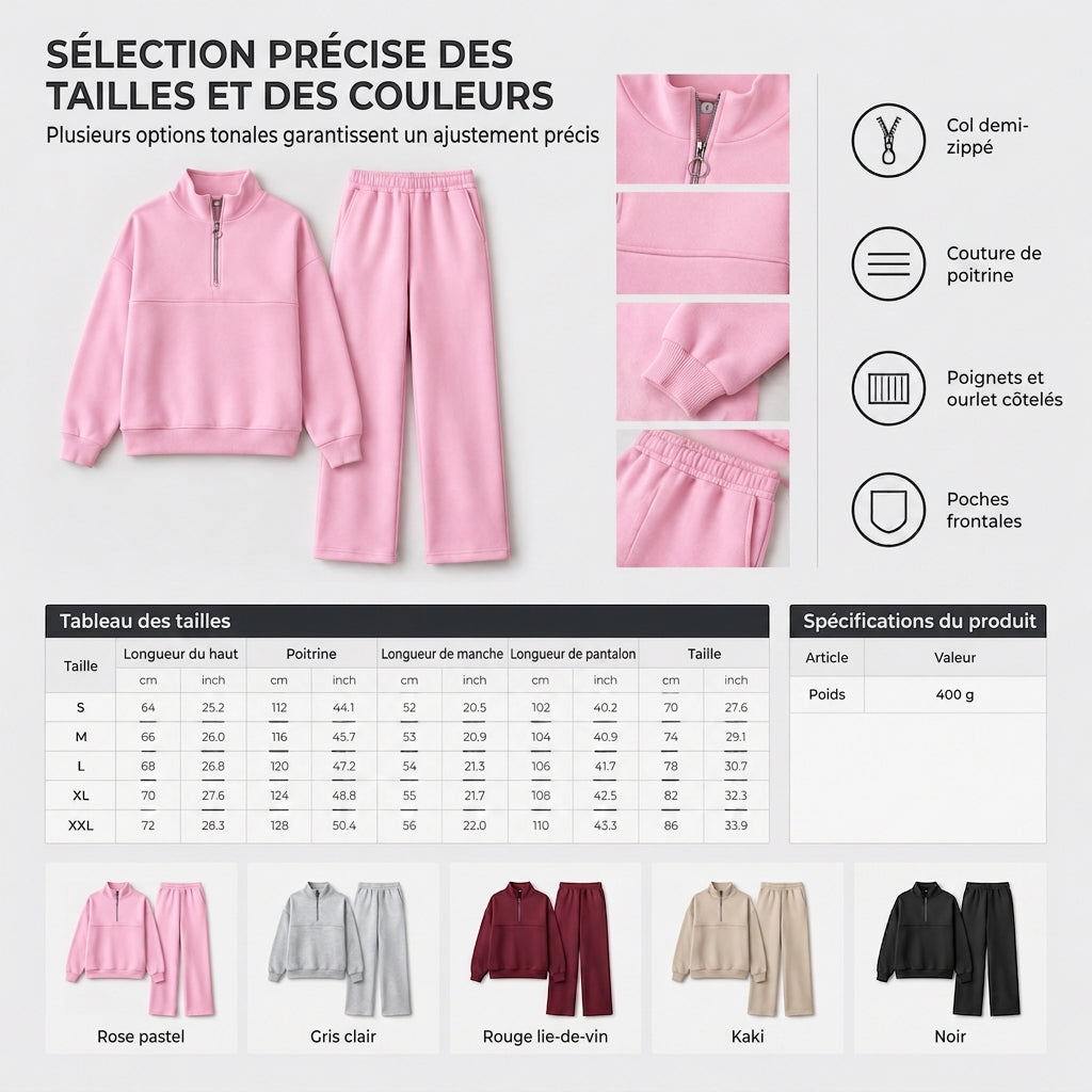 Ensemble pantalon deux pièces décontracté, couleur unie, haut à col rabattu zippé et pantalon long tenue pour l'automne et l'hiver