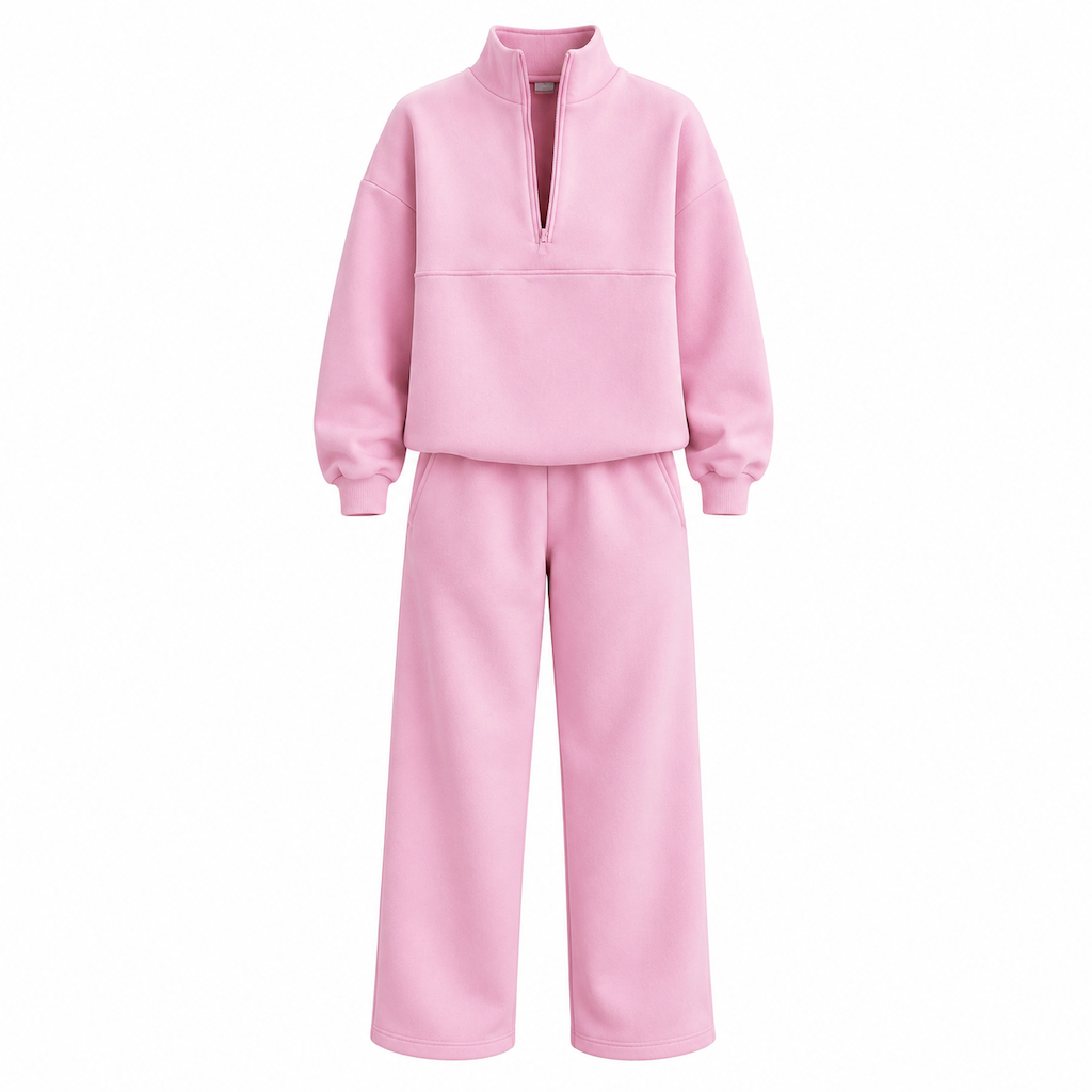 Ensemble pantalon deux pièces décontracté, couleur unie, haut à col rabattu zippé et pantalon long tenue pour l'automne et l'hiver