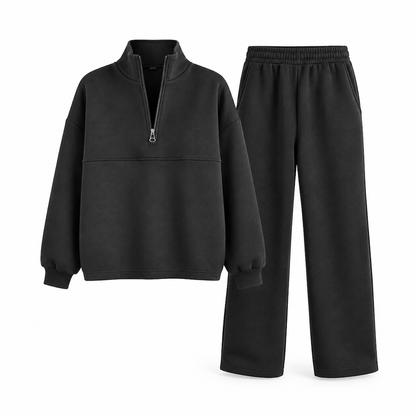 Ensemble pantalon deux pièces décontracté, couleur unie, haut à col rabattu zippé et pantalon long tenue pour l'automne et l'hiver
